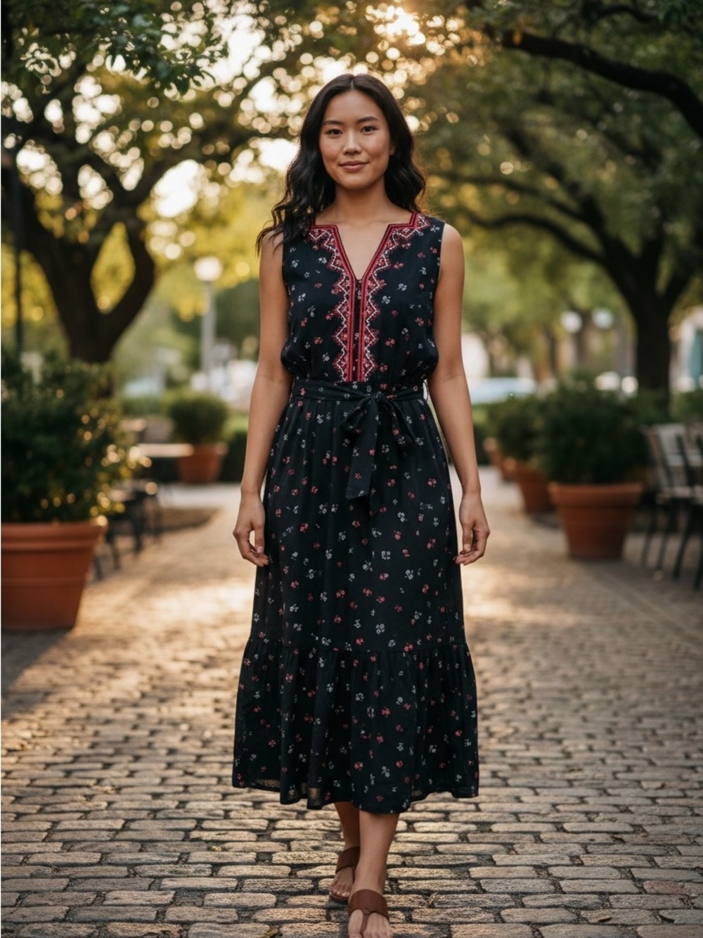 Gap Black Floral Ditsy Print Embroidered Midi Dress Tie Waist Sleeveless Size M